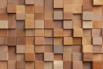 Poster - A detailed wooden block wall pattern creating a geometric design with various shades of brown for a modern and rustic look.