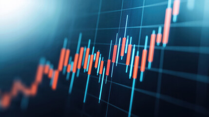 Poster - A close-up of a stock market chart with fluctuating red and blue candlesticks, showcasing data trends, and financial analysis.