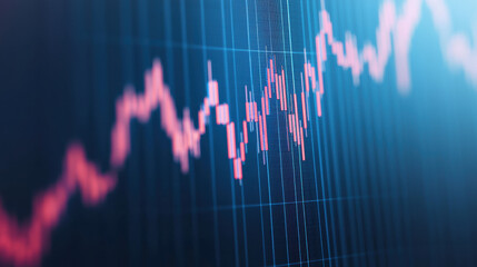 Poster - Close-up of a fluctuating stock market graph with red line on a blue background, representing financial data, trends, and market analysis.