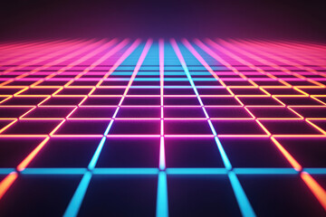 Wall Mural - Futuristic glowing neon grid with vibrant pink, blue, and orange colors, creating a digital landscape with a retro, sci-fi aesthetic.