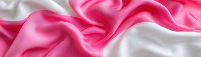 Wall Mural - Close-up of smooth pink and white fabric with elegant folds and soft texture, perfect for backgrounds, design, and textile concepts.