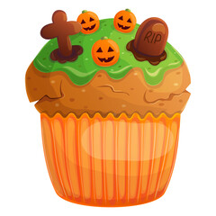 Wall Mural - Halloween scary cupcake with pumpkin and chocolate tombstone. Spooky sweet bake illustration isolated on white.