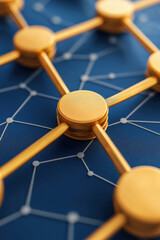 Aufkleber - Close-up of interconnected golden nodes on a blue surface, representing network or blockchain technology, collaboration and data transmission.