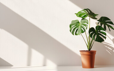 Sticker - Beautiful Monstera plant in a terracotta pot catching sunlight against a plain white wall. Perfect indoor plant for home or office decor.