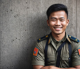 A man in a green uniform with a red patch on his shirt is smiling