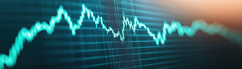 Poster - Close-up of a blue financial graph on a digital screen representing market trends and data analysis in the financial sector.
