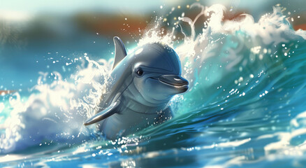 Wall Mural - A cute baby dolphin is surfing on the waves, with its head and body sticking out of the water