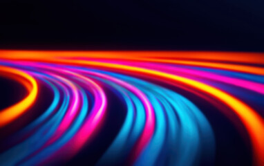 Poster - Vibrant neon light trails in motion on a dark background, creating a dynamic and futuristic abstract visual effect.