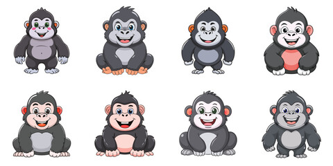 Wall Mural - Multiple cute illustrations of gorillas, black outline