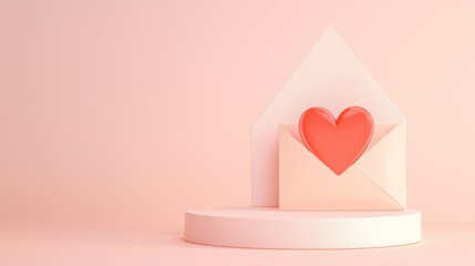 A photo of a romantic 3D podium with a love letter resting on it, isolated on a light coral background