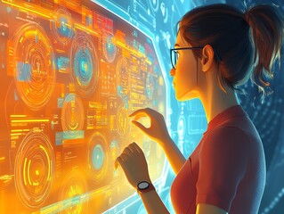 Aufkleber - Woman using futuristic interface.
