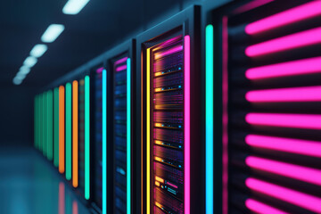 Poster - Brightly lit data center server racks with colorful neon lights in a futuristic technology environment.
