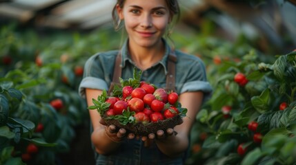 Smiling woman holding freshly picked strawberries in a lush, green garden setting, showcasing organic fruit harvest and gardening joy.