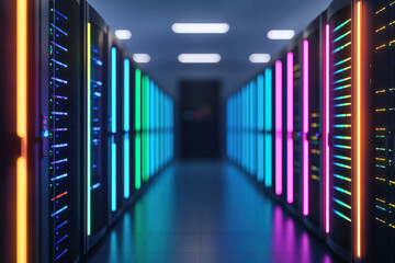 Poster - Modern data center with illuminated server racks in a futuristic setting, showcasing vibrant LED lights and advanced technology infrastructure.
