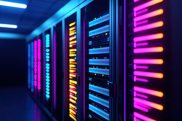Poster - A modern, illuminated data center server room with glowing neon lights and rows of network hardware in vibrant colors.
