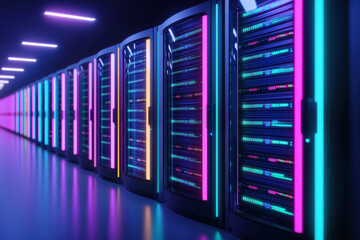Poster - Modern data center with server racks illuminated by colorful neon lights, showcasing advanced technology and infrastructure for data storage and processing.