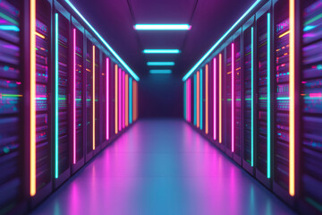 Poster - Modern data center corridor lit with vibrant neon lights, showcasing rows of server racks, representing high-tech infrastructure and digital communication.