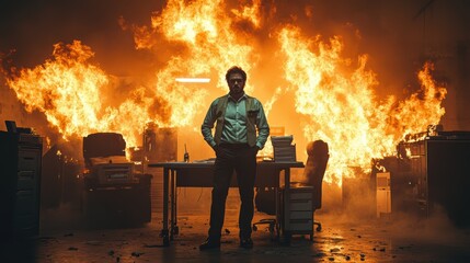Wall Mural - Confident man standing in a chaotic office engulfed in flames, creating a dramatic and intense scene.