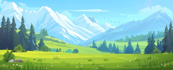 Sticker - ector flat cartoon illustration of a green meadow with mountains in the background, in the simple vector style with simple shapes, a green grass field, blue sky