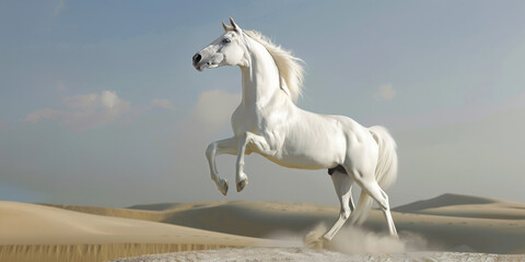 White horse reared up with sand dunes in background. Galloping horse in desert.