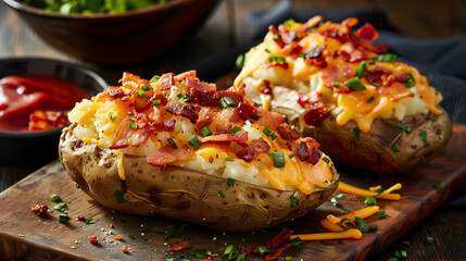 Wall Mural - large twice baked potatoes topped with bacon and cheddar cheese