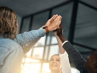 Poster - Hands, employees and together for high five in office, motivation and solidarity in team building. Business people, collaboration and community for teamwork planning, celebrate and support in mission