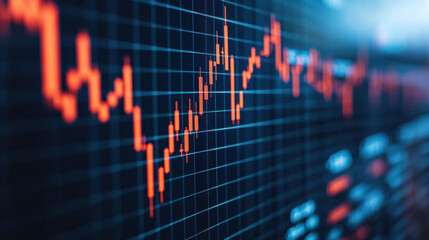 Poster - Abstract financial graph with red data points on a blue grid background, representing stock market trends and economic analysis.
