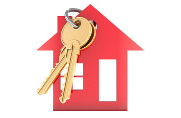 Canvas Print - Home Key with House Shaped Keychain, 3D rendering isolated on transparent background