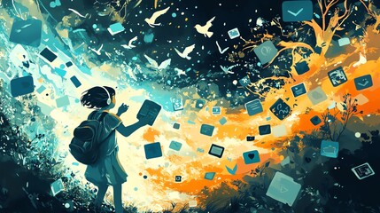 Fototapete - Digital world, girl with tablet.