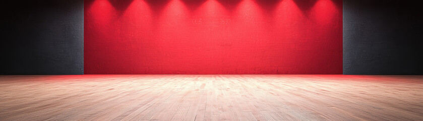 Sticker - Empty wooden floor and vibrant red wall backdrop illuminated by ceiling lights in a modern and spacious interior, ideal for creative projects.