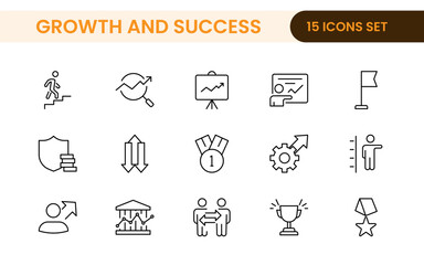 Poster - growth and success modern outline style icons set. successful business development, plan and process