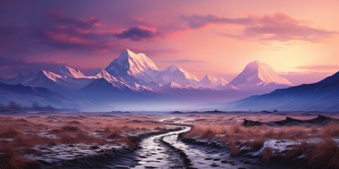 Sticker - Snowy Mountain Landscape at Sunset