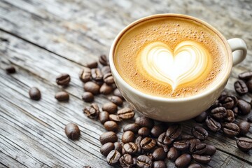 Wall Mural - Cup of coffee latte with heart shape and coffee beans on old wooden background - generative ai