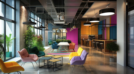 Poster - modern office  interior design including vibrant breakout areas within the office, featuring creative seating options, colorful walls, and interactive elements