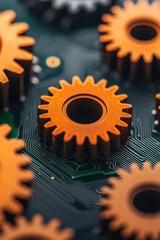 Wall Mural - Close-up of orange gears on a circuit board, emphasizing the synergy between mechanical and electronic components.