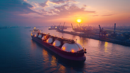 liquified natural gas carrier with six storage tanks anchored near the harbour gas terminal. aerial 