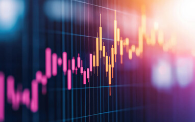 Poster - Vibrant financial chart displaying colorful stock market data with dynamic bars and a glowing background, representing economic analysis and trading.