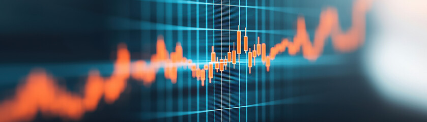 Poster - Abstract financial graph with orange lines on a blue background, representing market trends and business analytics. Ideal for finance, economy themes.