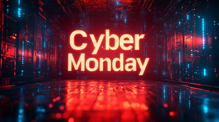 The concept of Cyber Monday. Online sale. Technological background. Microchips. Neon. A computer mouse.