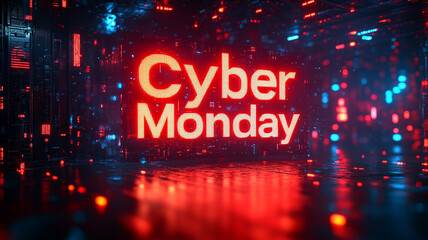 The concept of Cyber Monday. Online sale. Technological background. Microchips. Neon. A computer mouse.