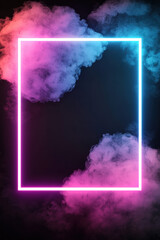 Poster - Vibrant neon light frame surrounded by colorful smoke clouds on a dark background, perfect for modern and artistic design concepts.