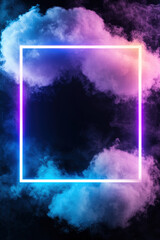 Poster - Neon glowing square frame surrounded by vibrant clouds of colored smoke on a dark background. Futuristic and abstract with a vaporwave aesthetic.