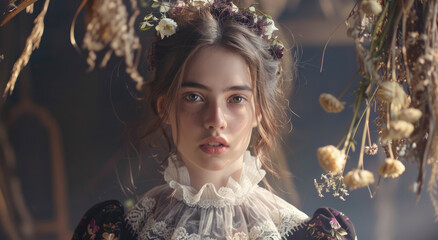 Wall Mural - a young woman with dark blonde hair, wearing an elegant Victorian dress adorned with floral embroidery and lace details