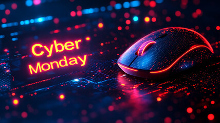 The concept of Cyber Monday. Online sale. Technological background. Microchips. Neon. A computer mouse.