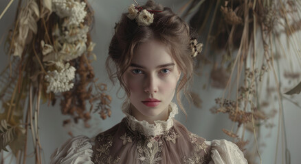 Poster - a young woman with dark blonde hair, wearing an elegant Victorian dress adorned with floral embroidery and lace details