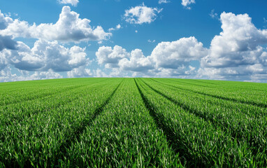 Wall Mural - A vast green field with rows of crops extends to the horizon under a stunning blue sky filled with fluffy white clouds, capturing the essence of nature.