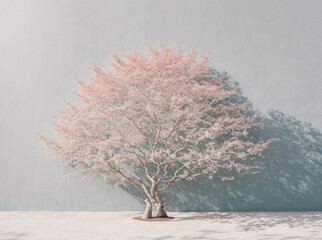 A tree with pink leaves is standing in front of a wall