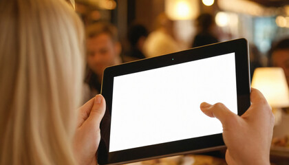 hands holding a tablet in cafe, restaurant white screen for text