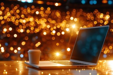 Poster - A laptop on a table with a coffee cup, glowing bokeh lights in the background, ideal for workspace or technology themes.