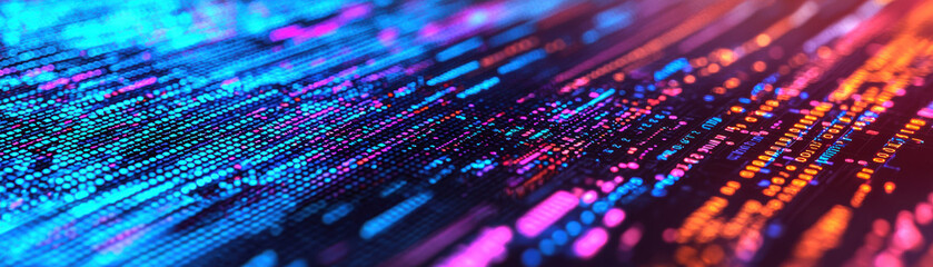Poster - Abstract digital landscape with dynamic colorful light lines and data patterns. Futuristic technology background showcasing data flow and cyber aesthetics.
